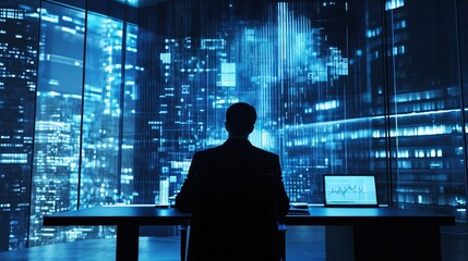 Businessman Silhouetted Against Cityscape at Night