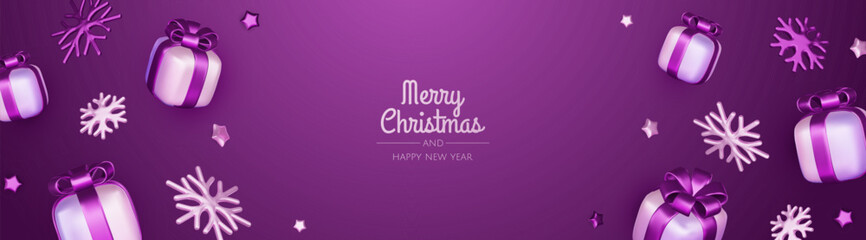 Happy New Year and Merry Christmas. Christmas holiday background with realistic 3d objects, violet and white bauble balls, conical metal stars, gift. Levitation falling design composition.
