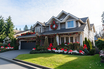 arge, three-level house with Christmas decorations on it and green grass near the entrance of the home. The roof is grey color.