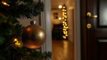 gold Christmas baubles hanging on tree with copy space and blink glitter glow light background