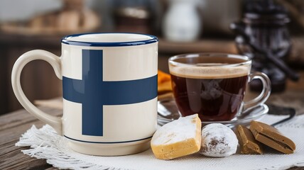 Finnish flag mug with coffee and traditional sweets celebrating finland independence day on december 6