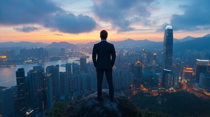 businessman in office attire standing at top of the building with metropolis view
