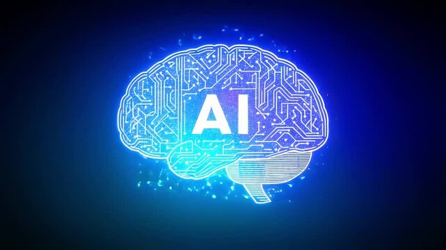 Animated AI logotype on black background. Screensaver for artificial intelligence theme.
