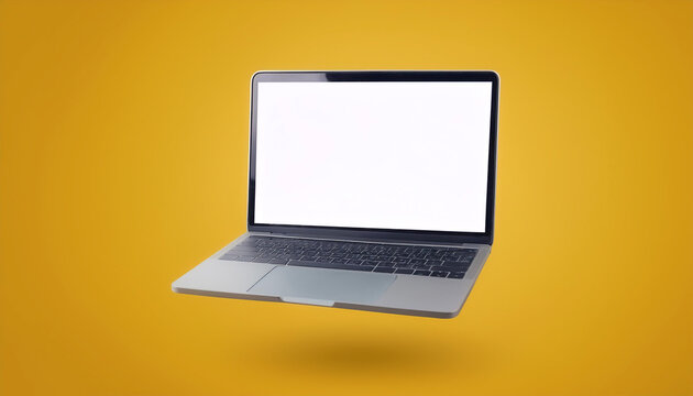 Laptop With white screen floating or flying isolated on yellow pastel background