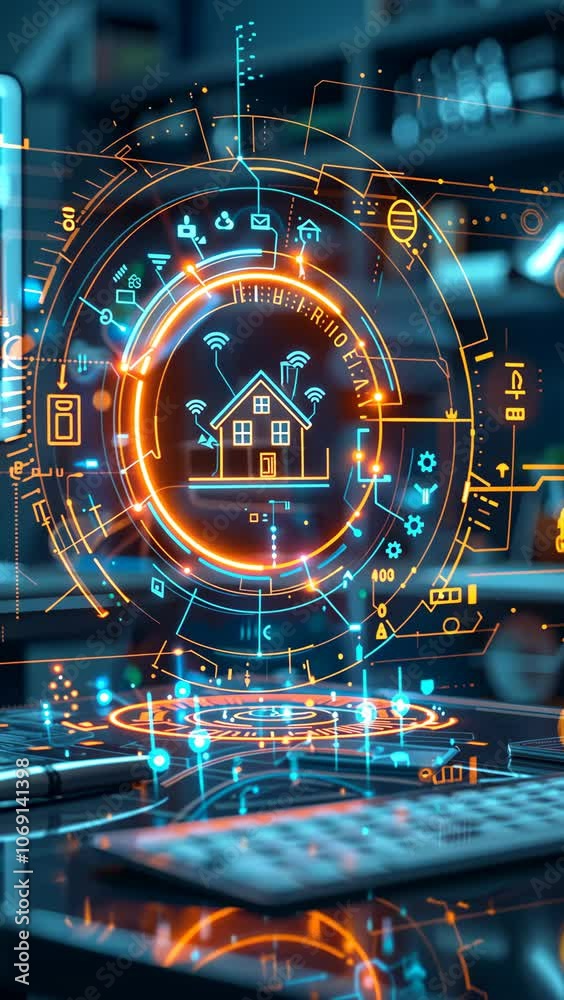 Poster exploring advanced technology for smart home automation in a futuristic workspace