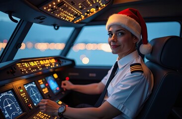 The pilot of a passenger plane, a beautiful girl, sits in the cockpit behind the glowing instruments in a white shirt and a Santa hat and smiles. Passenger transportation concept during the Christmas 