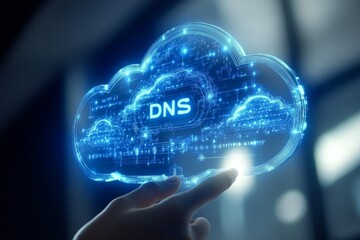DNS cloud held in hand on digital background symbolizing internet security domain name services and data connectivity within cloud infrastructure