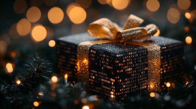 Gift box with golden binary code pattern and warm bokeh lights, festive holiday concept
