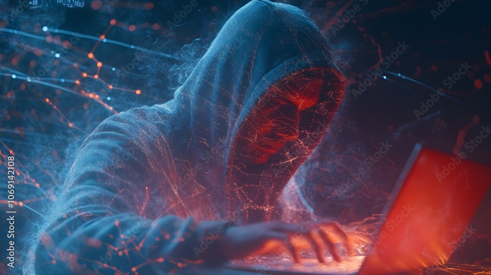 Aufkleber mysterious figure using laptop in dark environment