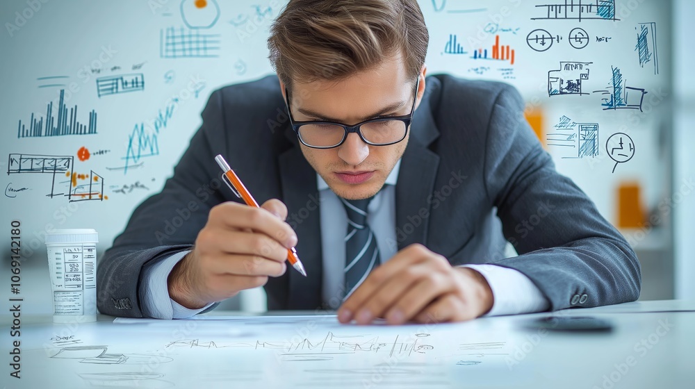 Aufkleber focused professional analyzing data with creative graphs in modern office, representing business str
