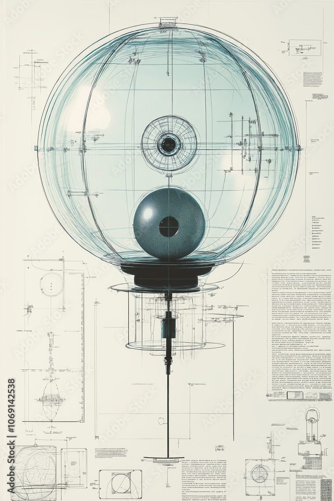 Poster intricate blueprint of futuristic spherical device, representing innovation, engineering, and techno