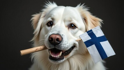 Adorable dog holding finnish flag in mouth on finland independence day celebration concept