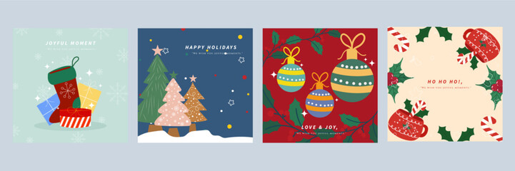 Festive Christmas Designs with Ornaments and Gift Packages. A collection of holiday illustrations featuring Christmas ornaments, and gift packages. Perfect for celebrating the festive season