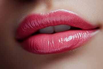 Close-up of glossy pink lips with a subtle shine against a soft pink background