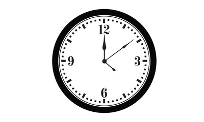 Black wall clock illustration watch in red illustration of a round clocktimer to show time table watch timing 12 o clock of analogue watch with black pointer. wall clock showng time by black clock