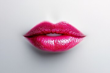 Close-up of glossy pink lips with a subtle shine against a soft pink background
