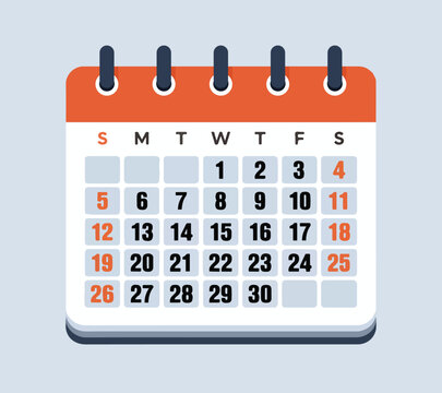 Calendar vector illustration with date and 1 to 30 days number calendar illustration, illustration of monthly and yearly table calendar with date and weekdays date boxes. orange desk calendar