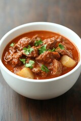 Hearty beef stew with vegetables in a white bowl