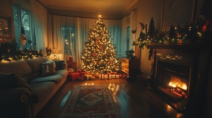 Cozy Christmas setting with decorated tree and glowing fireplace in a festive living room