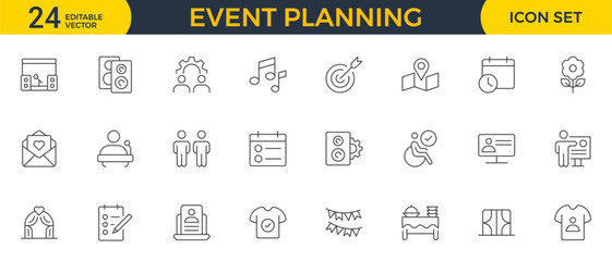 Event Planning Icon Set. Stylish and functional icons for organizers, perfect for scheduling, venue management, and event promotion, ideal for apps, websites, and marketing materials.