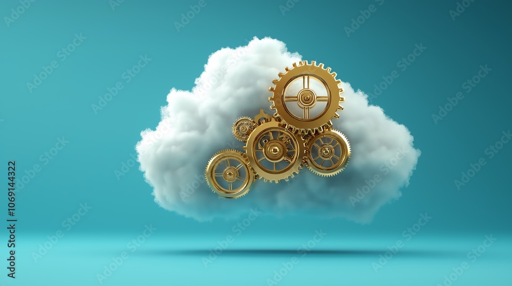 Poster Cloud with Intricate Gold Gears, Symbolizing Cloud Computing, Technology, and Data Management, Gemerative AI