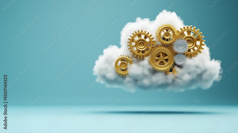 Poster Cloud with Intricate Gold Gears, Symbolizing Cloud Computing, Technology, and Data Management, Gemerative AI