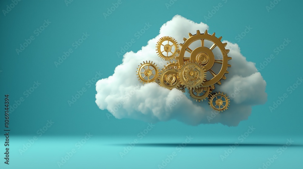 Poster Cloud with Intricate Gold Gears, Symbolizing Cloud Computing, Technology, and Data Management, Gemerative AI