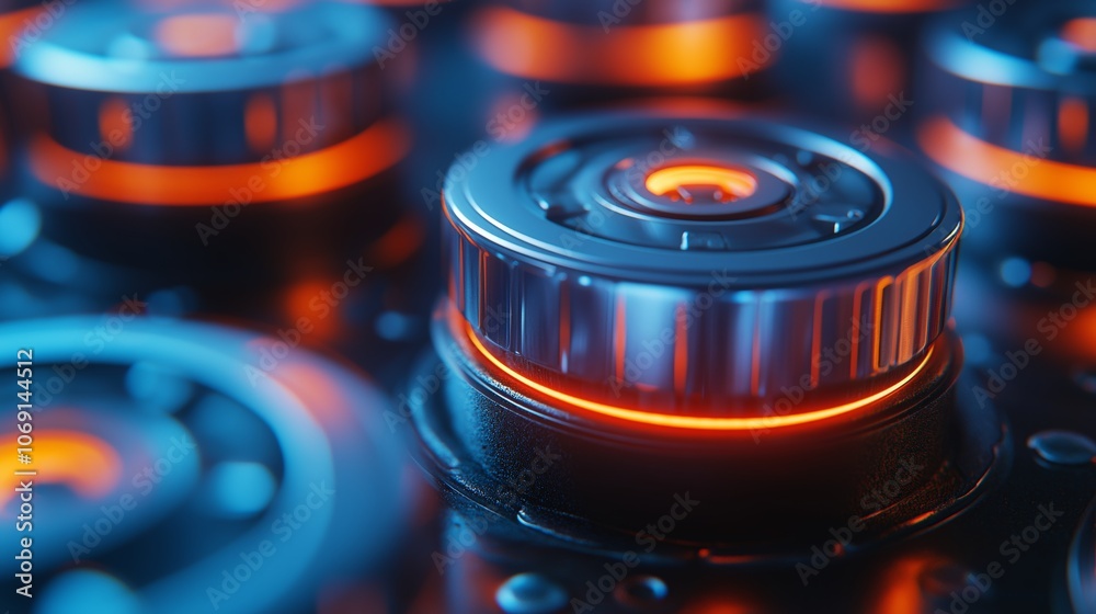 Poster Futuristic Control Knobs with Illuminated Red and Blue Lights, Representing Advanced Technology and High-Tech Interface, Gemerative AI