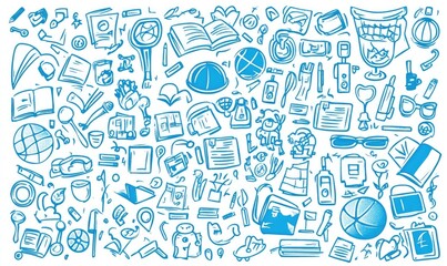 School and Science Icons in Hand-Drawn Doodle Art, Featuring Laptop, Notebook, Backpack, and Award