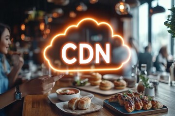 Fototapeta premium Glowing “CDN” cloud on dining table symbolizing content delivery network digital speed optimization and data caching for seamless media distribution in online environments