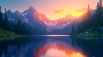 The Tranquil Reflection: A Serene Mountain Lake at Sunset Surrounded by Majestic Peaks and Lush Greenery