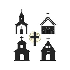 Set of vector icons of temples and churches isolated on white background.