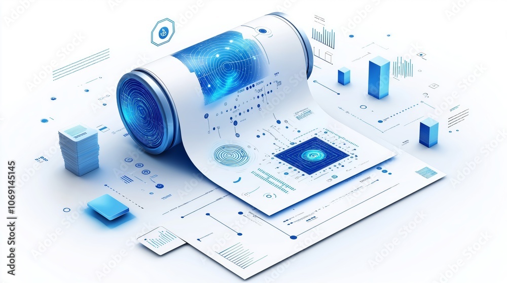 Poster Digital Scroll with Data Graphics, Representing Innovation, Technology, and Information Visualization in a Futuristic Layout, Gemerative AI