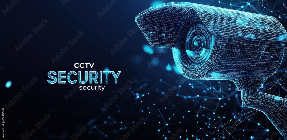 Poster futuristic digital security camera with networking symbols and text