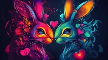 Obraz premium Two rabbits with hearts on their faces are hugging each other