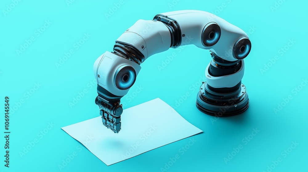 Poster Robotic Arm Organizing Papers in a Warehouse, Illustrating Automation in Document Management and Industrial Efficiency, Gemerative AI