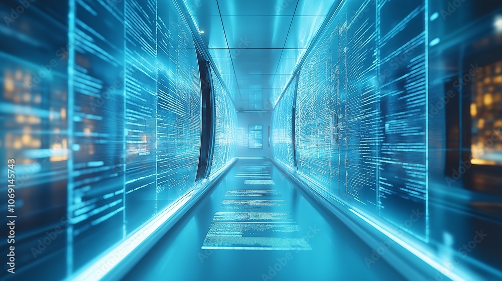 Aufkleber High-Tech Data Corridor with Illuminated Panels and Digital Flow Representing Advanced Data Processing and Cybersecurity in a Futuristic Design, Gemerative AI