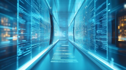 High-Tech Data Corridor with Illuminated Panels and Digital Flow Representing Advanced Data Processing and Cybersecurity in a Futuristic Design, Gemerative AI