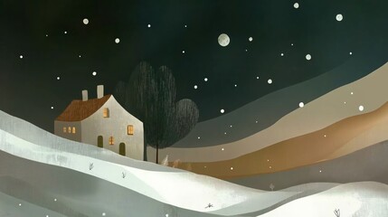 Naklejka premium minimalist design artful illustration, small house at hill on snow fall night 
