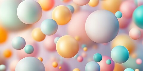 Playful pastel spheres float in a dreamy background filled with soft colors and whimsical patterns, creating an ethereal atmosphere
