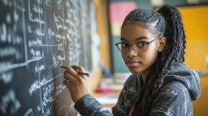 Student solving a math equation on a chalkboard, showcasing active participation and engagement in problem-solving