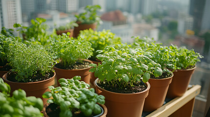 A Serene Oasis: The Harmony of Urban Gardening with Floating Systems on a Rooftop Against the City Skyline