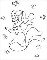 Young beautiful little mermaid. Coloring book page for kids. Cartoon-style character. Vector illustration isolated on a white background.