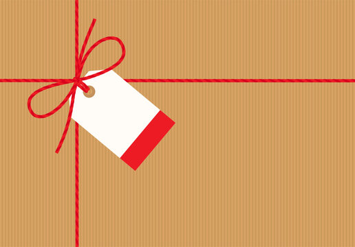 Flat hand-drawn craft background, gift tied up with cotton red rope bakers twine bow and ribbon with blank kraft paper tag. Packing string for present, pastry box for New Year, Christmas. Vector EPS10