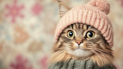 Fluffy cat wearing a cozy pink hat and sweater, looking adorably curious, AI