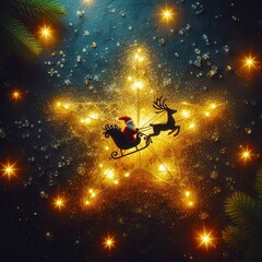 Macro View of Christmas Star with Santa's Sleigh Silhouette Against a Dark Sky