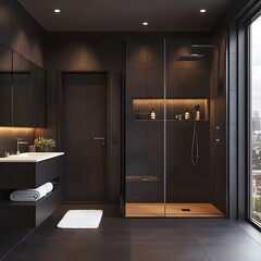 A sleek and modern bathroom featuring dark tiles, a walk-in shower, and minimalist fixtures. The design emphasizes a clean, sophisticated look with a focus on simplicity and functionality.