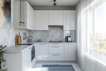 Fototapeta premium Modern Kitchen with White Cabinets, Marble Countertops, and a City View