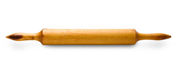A wooden rolling pin on the white background