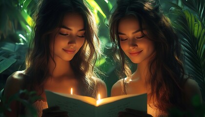 Letters of Encouragement, women exchanging handwritten letters or notes of encouragement. Surround them with symbols of empowerment—like candles, plants